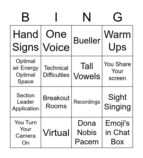 Choir Bingo 1 Bingo Card