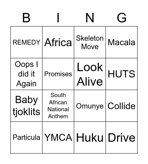 Afrikaanse Muziek Bingo Card