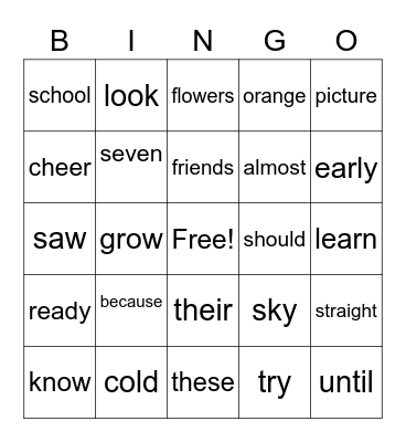 High Frequency Words Bingo Card