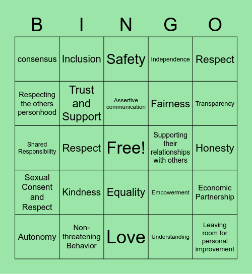 Relationship Bingo Card