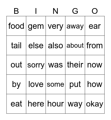 Week 16 sight words Bingo Card