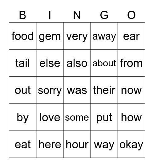 Week 16 sight words Bingo Card