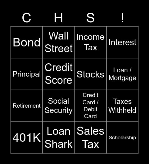 Charlestown Personal Finance Bingo Card