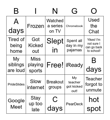 Advisory Distance Learning Bingo Card