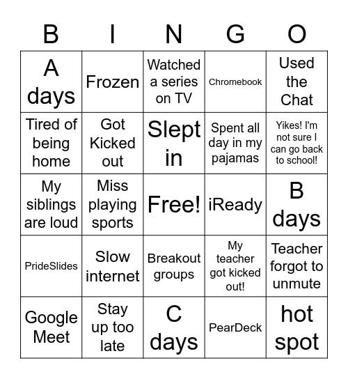 Advisory Distance Learning Bingo Card