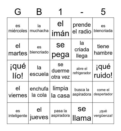 Gabi 1-5 Bingo Card