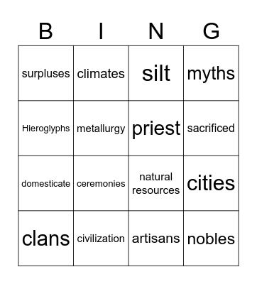 Civilization Vocabulary Bingo Card