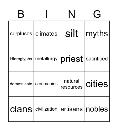 Civilization Vocabulary Bingo Card