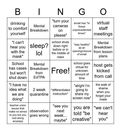 Student Teaching 2020 Bingo Card