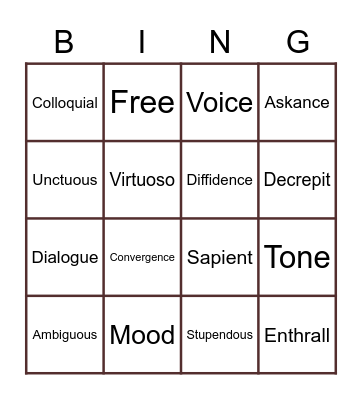 Vocabulary Week 9 Bingo Card