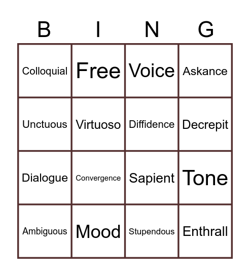 Vocabulary Week 9 Bingo Card