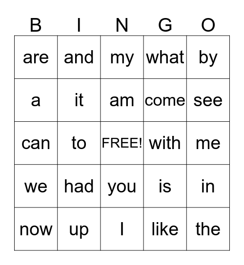 Sight word Bingo Card