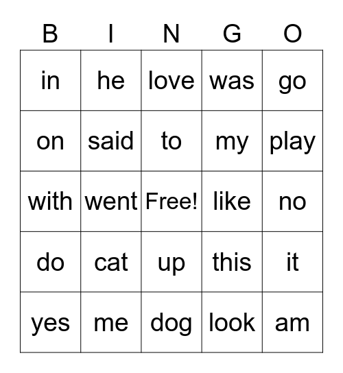 Sight Word Bingo Card