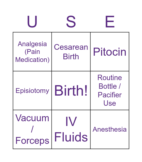 Birth Intervention Bingo Card