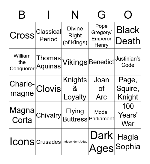 Feudalism Test Bingo Board Bingo Card