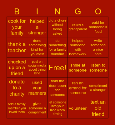 World Kindness Bingo Card