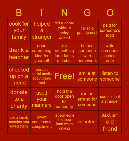 World Kindness Bingo Card