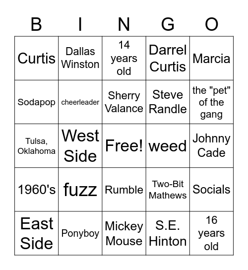 The Outsiders Bingo Card