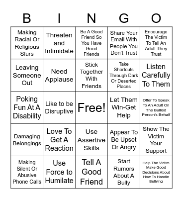 Bully Prevention Bingo Card