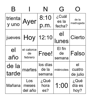 La fecha y la hora Bingo Card
