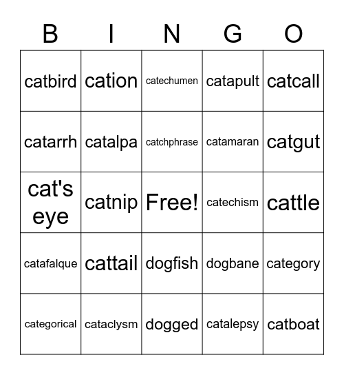 Dog v Cat Bingo Card