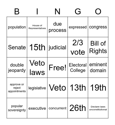 US Constitution Bingo Card