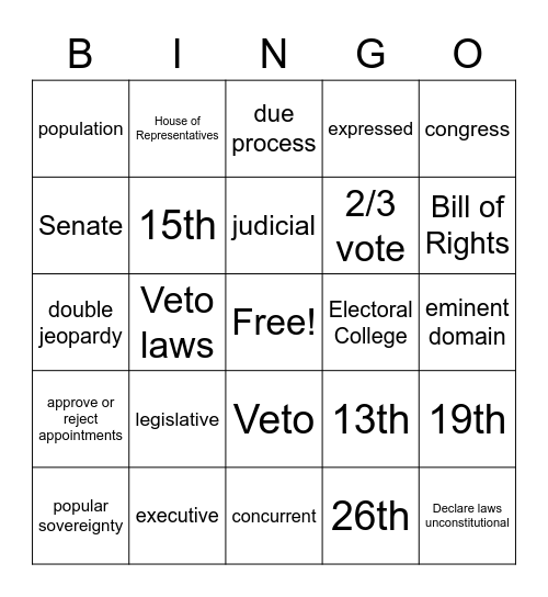 US Constitution Bingo Card