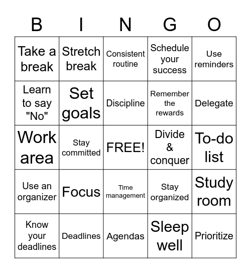 Time Management Bingo Card