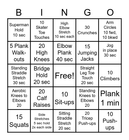 Exercise Bingo 1 Bingo Card