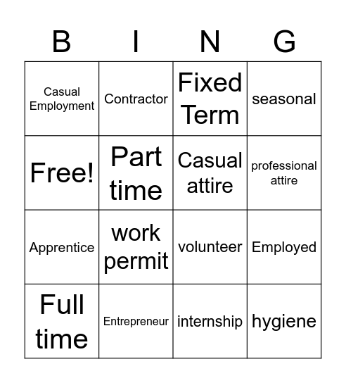 Types of Employment Bingo Card