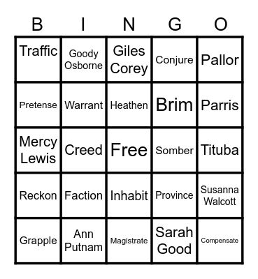 ACT 1 Crucible Vocab Bingo Card