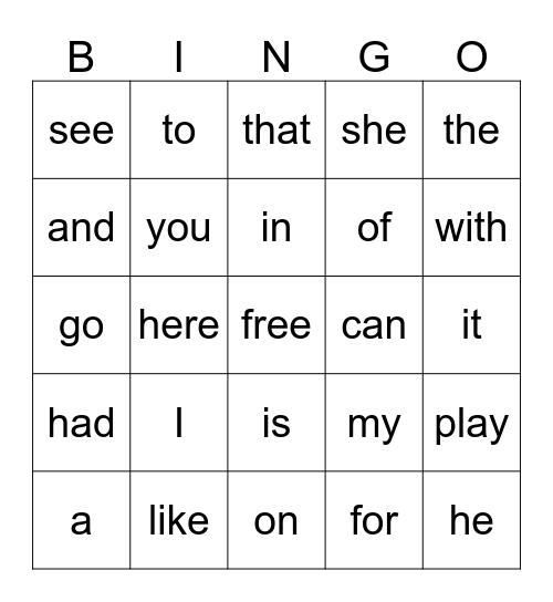 Sight Word Bingo Card