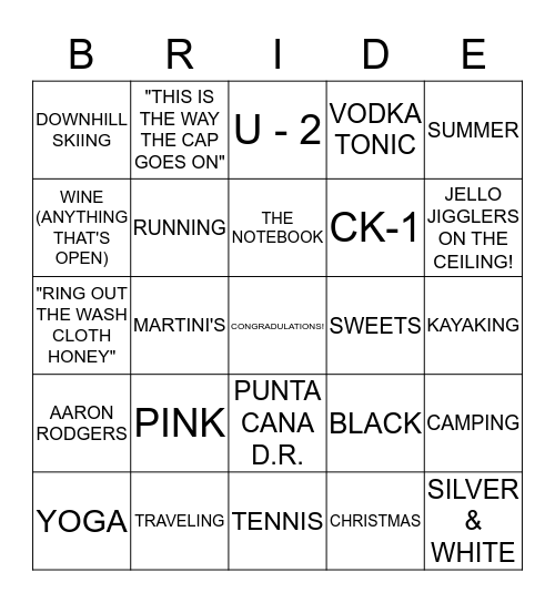 MATT AND NICOLE - JANUARY 12, 2013 Bingo Card