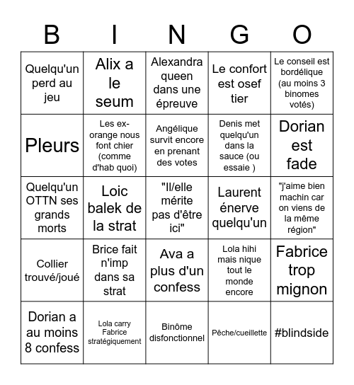 Bingo des binomes Bingo Card