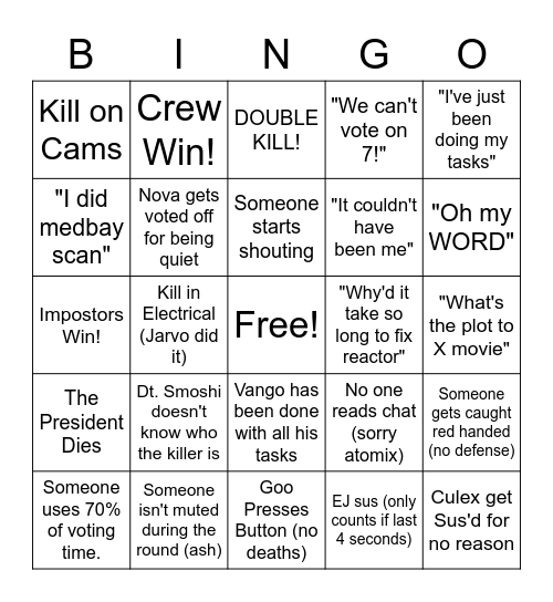 Among Us Bingo Card