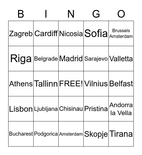 European Capitals Bingo Card