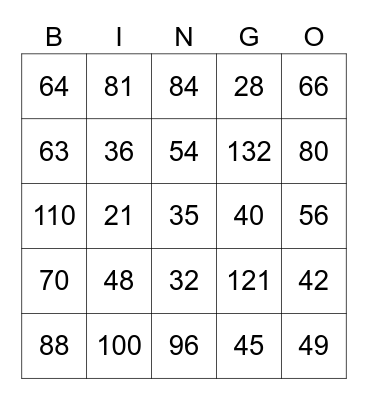 Upper Multiplication Practice Bingo Card