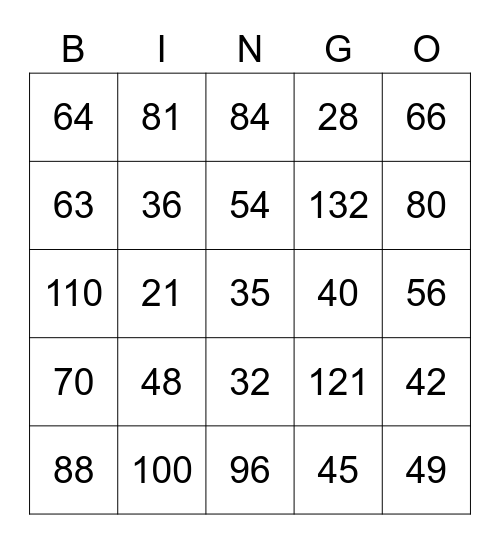 Upper Multiplication Practice Bingo Card