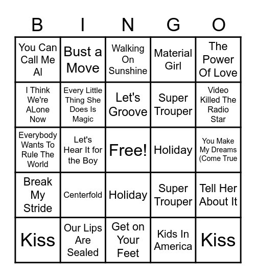 80s Popped! Bingo Card