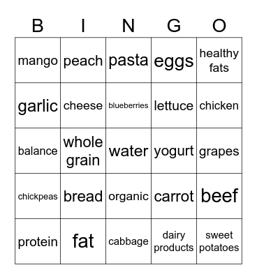 Healthy Food Bingo Card