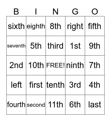 Ordinal Numbers Bingo Card