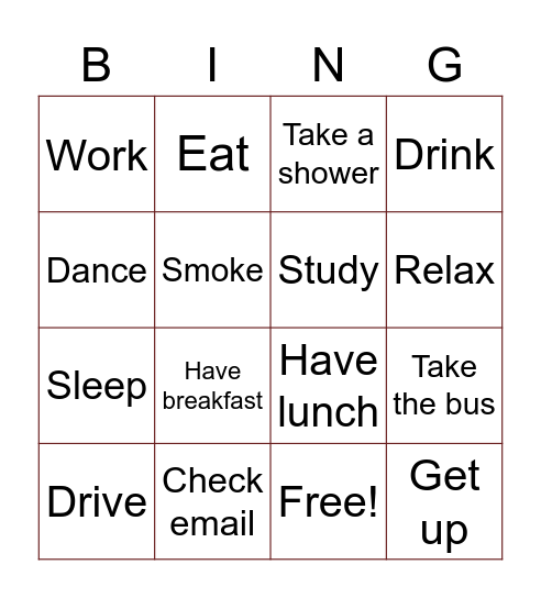 Daily life activities Bingo Card