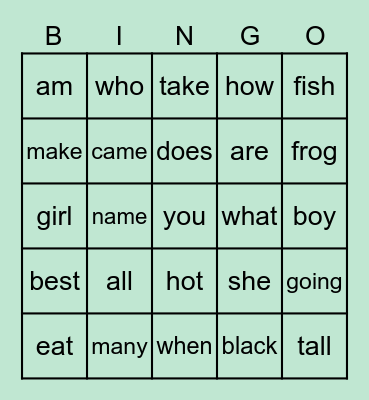 Sight Words Bingo Card