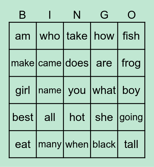 Sight Words Bingo Card