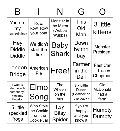 Charlie's Favorite Songs Bingo Card