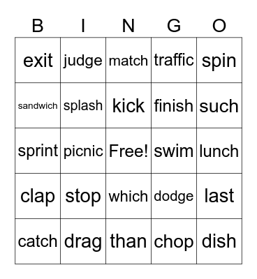 one and two syllable words Bingo Card