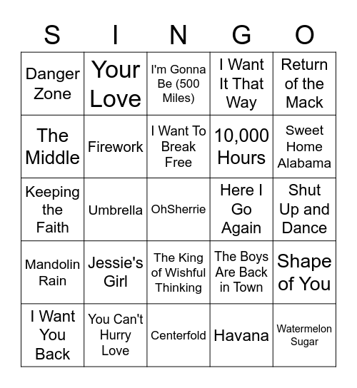 SINGO 2.0 Bingo Card