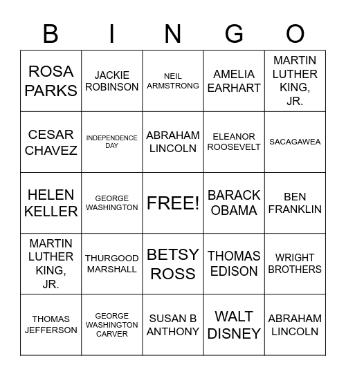 FAMOUS AMERICANS BINGO Card