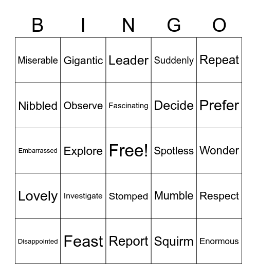 Vocabulary Bingo Card