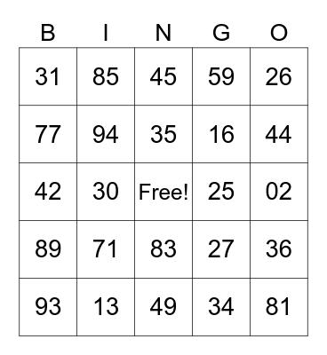 Number Bingo Card